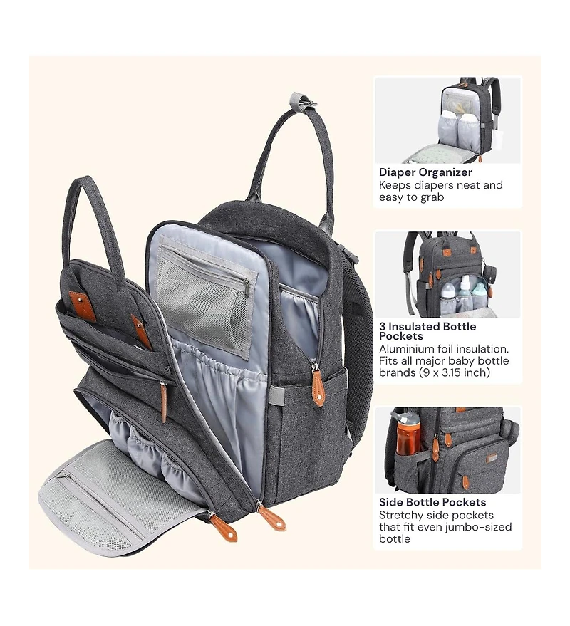 BabbleRoo Toddler Diaper Bag Backpack Stylish 26L Hands Free with Changing Pad, Stroller Straps & Water-Resistant, Safari, Large