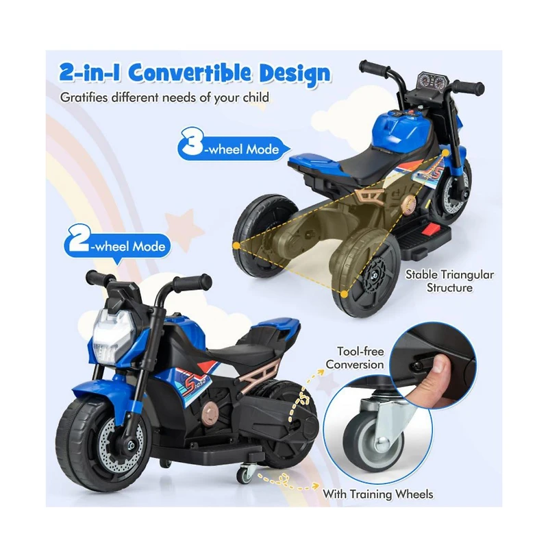 Akiudex 6V Kids Ride-On Motorcycle with Convertible 2 or 3-Wheel Design and Music