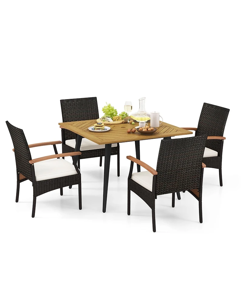 Gymax 5PCS Patio Pe Wicker Dining Set Table and Chairs w/ Cushions 1.9'' Umbrella Hole