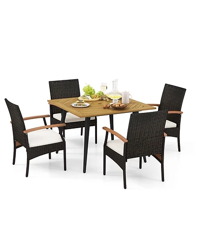 Gymax 5PCS Patio Pe Wicker Dining Set Table and Chairs w/ Cushions 1.9'' Umbrella Hole