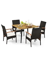 Gymax 5PCS Patio Pe Wicker Dining Set Table and Chairs w/ Cushions 1.9'' Umbrella Hole