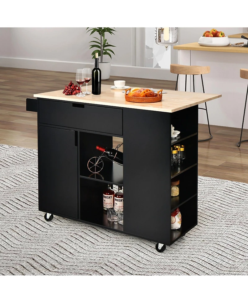 Gymax Kitchen Island Cart Rolling Serving Trolley w/ Drop Leaf Spice Rack Shelves