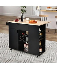 Gymax Kitchen Island Cart Rolling Serving Trolley w/ Drop Leaf Spice Rack Shelves