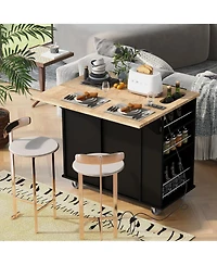Casainc Kitchen Island with Drop Leaf, Power Outlet, Rubber Wood Top, Rack, Open Storage, Adjustable Shelves (No Stools)
