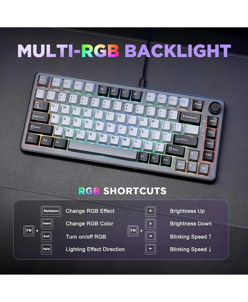 Yunzii B75 Mechanical Keyboard,75% Layout with Knob,Hot Swappable Rgb Backlit Gasket Mounted,Creamy Typing,Double-Shot Pbt Keycaps,Cherry Profile,for