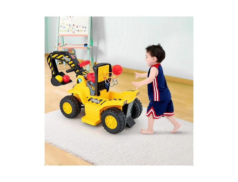 Akiudex Kids Ride On Digger Toy with Adjustable Excavator Arm and Basketball Hoop