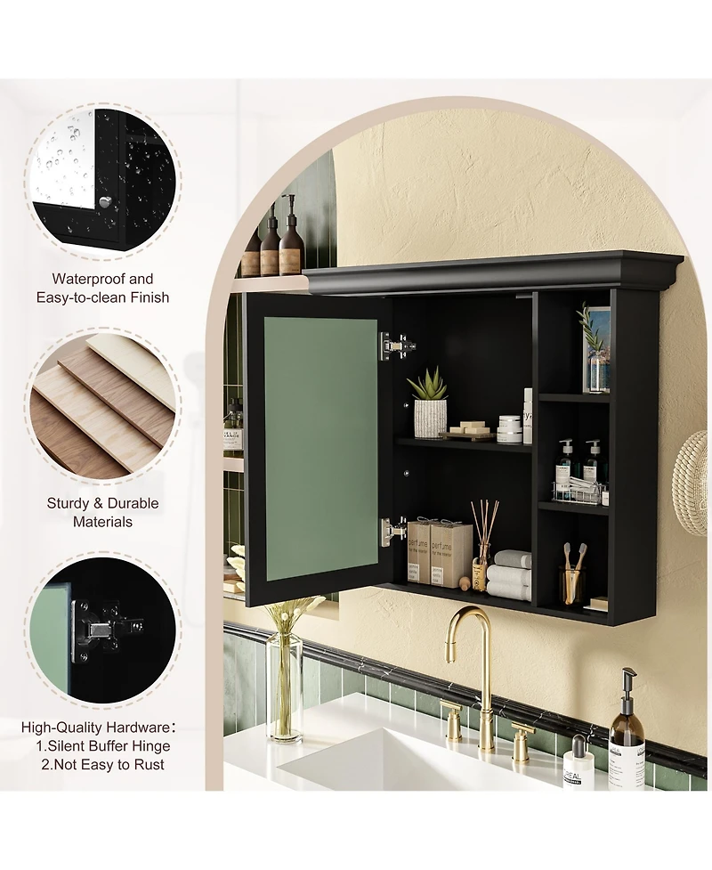 Casainc 35" x 28" Wall Mounted Medicine Cabinet with Mirror Door and 6 Open Shelves, Modern Bathroom