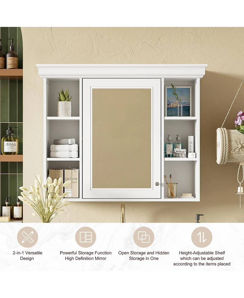 Casainc 35" x 28" Wall Mounted Medicine Cabinet with Mirror Door and 6 Open Shelves, Modern Bathroom Cabinet