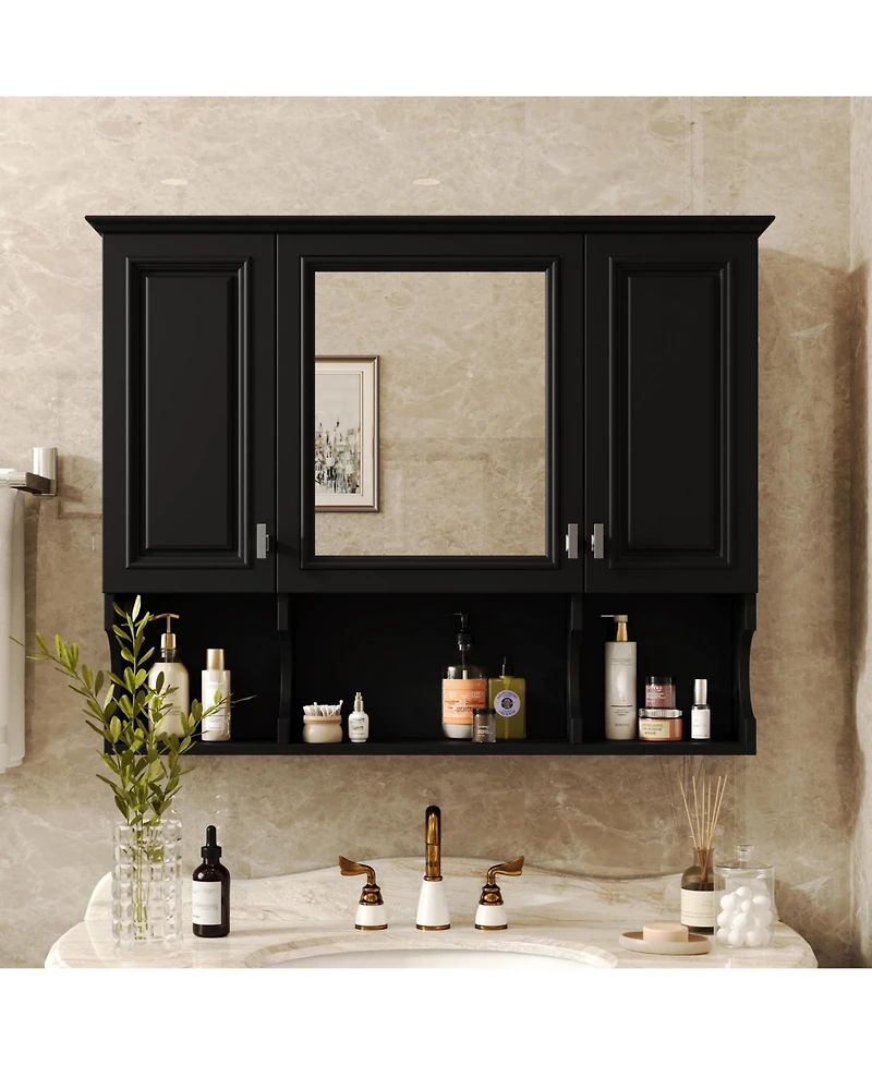 Casainc 35" x 28" Wall Mounted Mirror Medicine Cabinet with Open Shelves, Modern Bathroom Storage