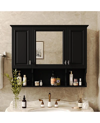 Casainc 35" x 28" Wall Mounted Mirror Medicine Cabinet with Open Shelves, Modern Bathroom Storage