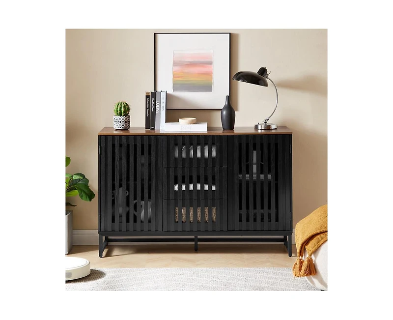Casainc Storage Cabinet with Slatted Grille Striped 3 Drawer and 4 Shelves