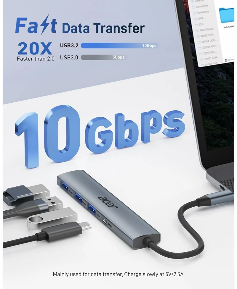 Acer Usb-c Hub 10Gbps, Usb 3.2 Gen 2 Adapter with 3 Usb-a & 1 Usb-c Ports