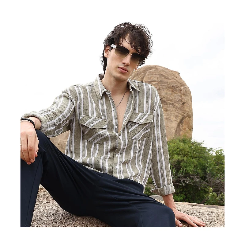 Campus Sutra Men's Peanut Brown & Off-White Utility Halo-Stripe Oversized Shirt