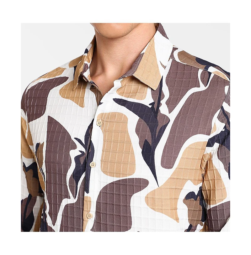Campus Sutra Men's Taupe Brown & Beige Abstract Tulip Shirt