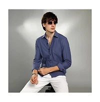 Campus Sutra Men's Aegean Blue Geometric-Weave Textured Shirt