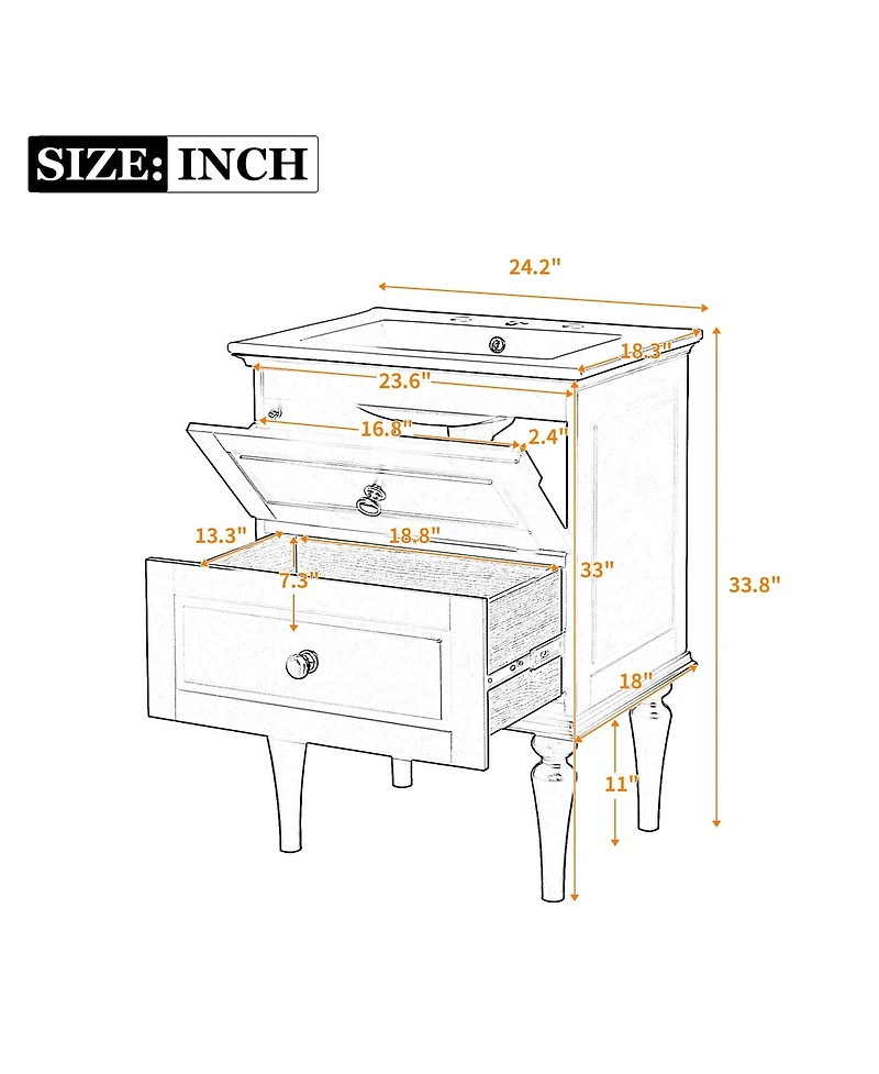 Casainc 24" Bathroom Vanity Cabinet with Ceramic Sink Combo and 2 Drawers, Solid Wood Frame