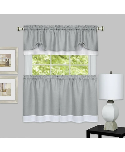 Kate Aurora Shabby Country Farmhouse Flax Styled Sheer Cafe 3 Piece Kitchen Curtain Tier & Valance Set - 24 in. Long - Gray
