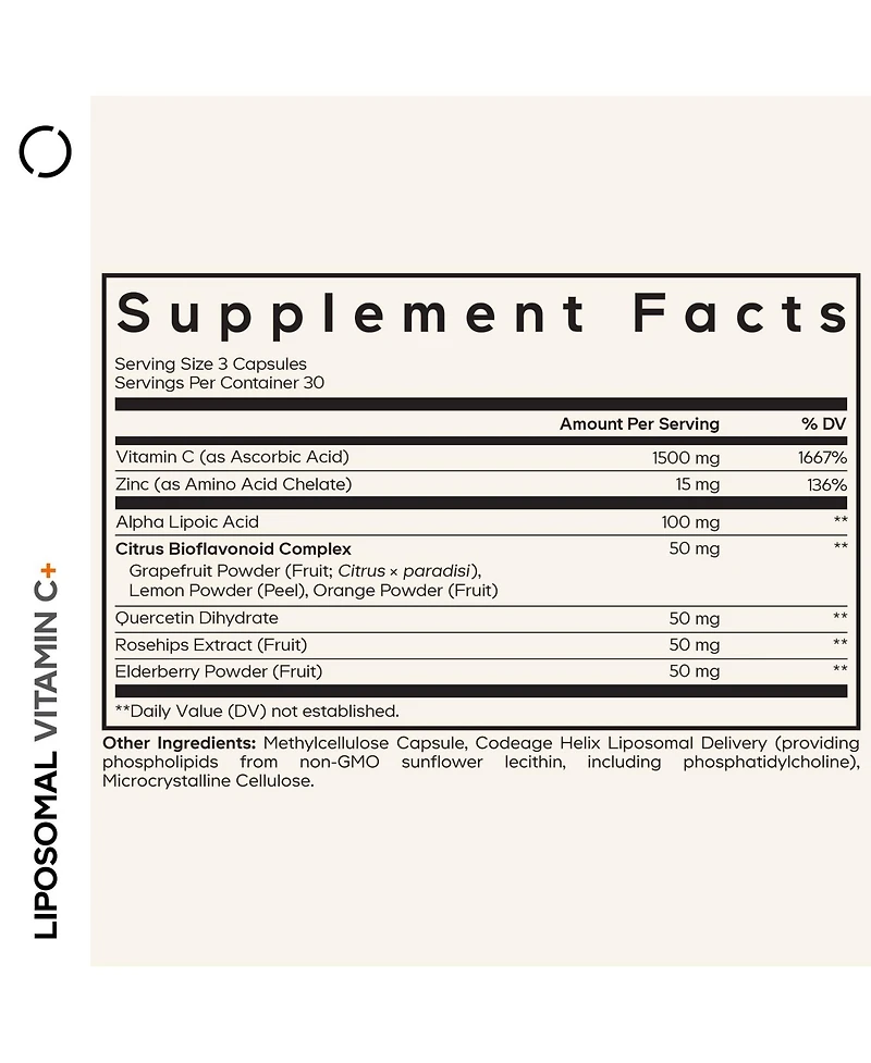 Codeage Liposomal Vitamin C Vitamins With Zinc, Elderberry, Citrus Bioflavonoids Ascorbic Acid, Quercetin & Rose Hips Fruit