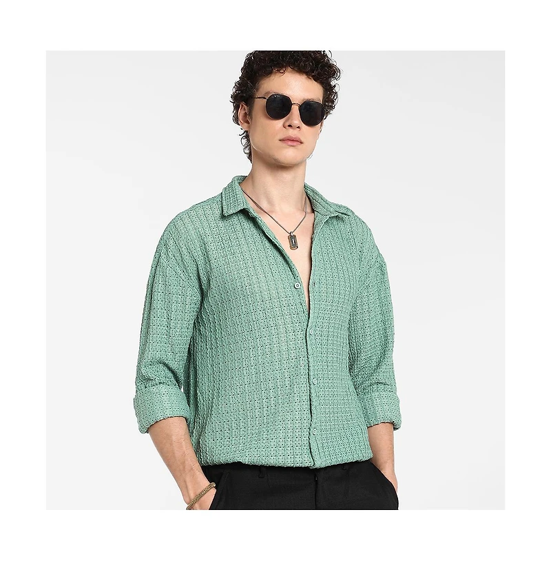Campus Sutra Men's Sea Green Hollow Knit Oversized Shirt