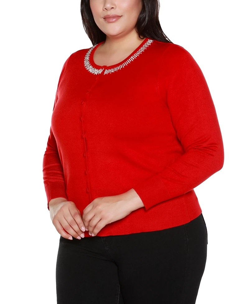 Belldini Plus Embellished Neckline Cardigan Sweater