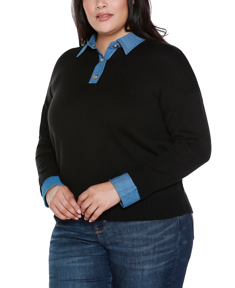 Belldini Plus Denim-Trim Two-Fer Sweater