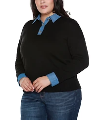 Belldini Plus Denim-Trim Two-Fer Sweater