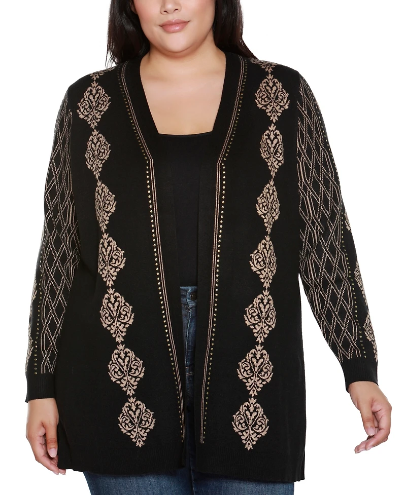 Belldini Plus Lurex Jacquard Open-Front Cardigan Sweater