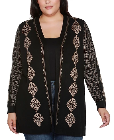 Belldini Plus Lurex Jacquard Open-Front Cardigan Sweater