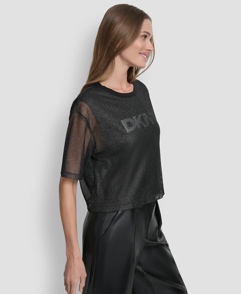 Dkny Women's Short Sleeve Mesh Overlay Logo Knit Top