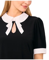 CeCe Women's Tie Collar Short Sleeves Top