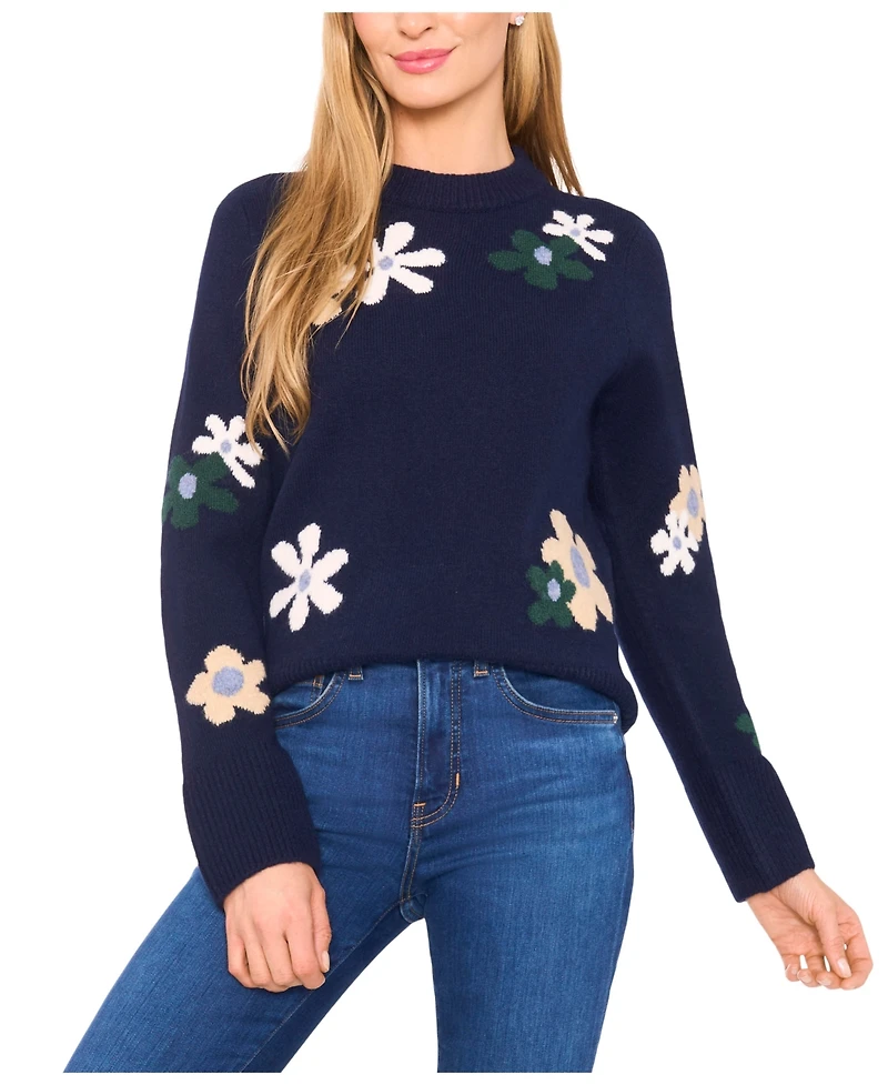 CeCe Women's Crewneck Flower Patterned Knit Long-Sleeve Sweater