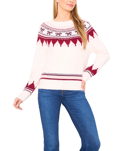 CeCe Women's Ribbon Fair Isle Crewneck Sweater