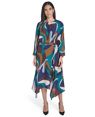 Jessica Howard Petite Crewneck Belted Handkerchief Hem Midi Dress