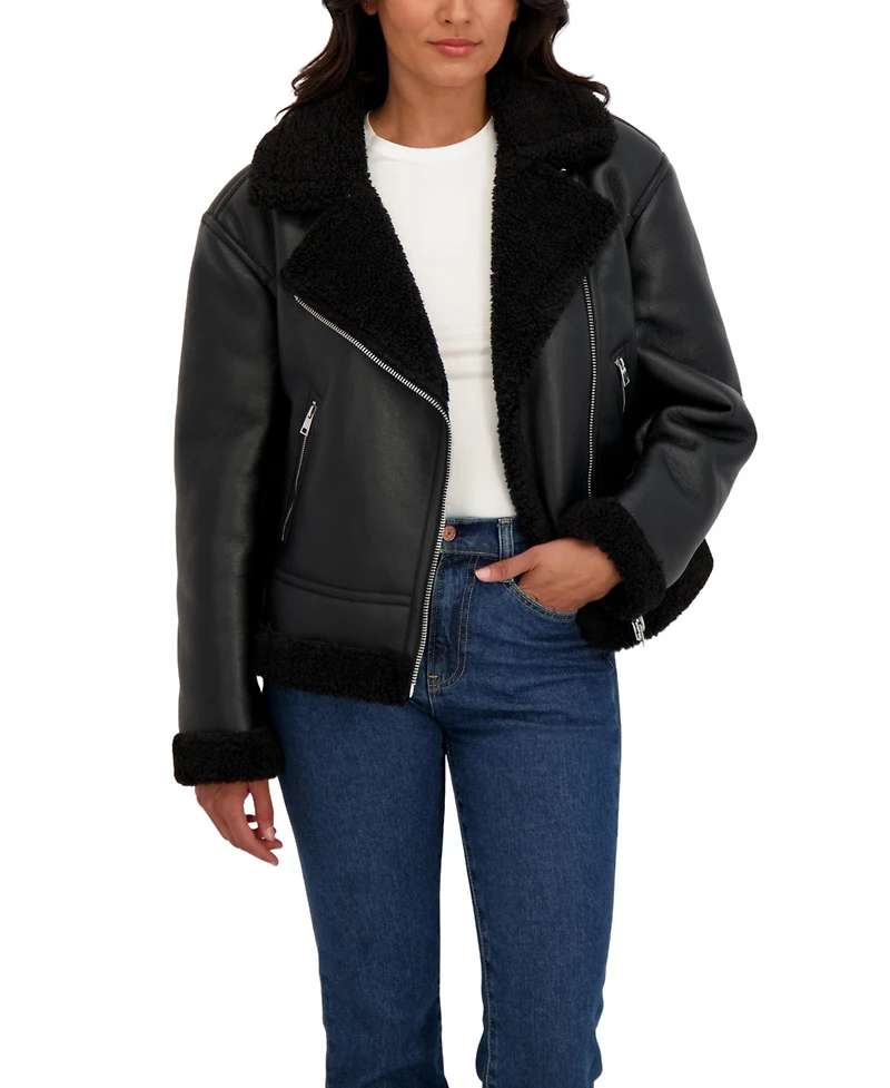 Sebby Collection Women's Assymetrical Moto Faux Shearling Jacket