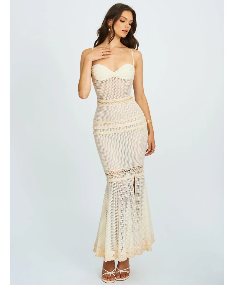 Miss Circle Women's Pallas Beige Lace Trim Crochet Mermaid Maxi Dress