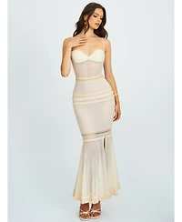 Miss Circle Women's Pallas Beige Lace Trim Crochet Mermaid Maxi Dress