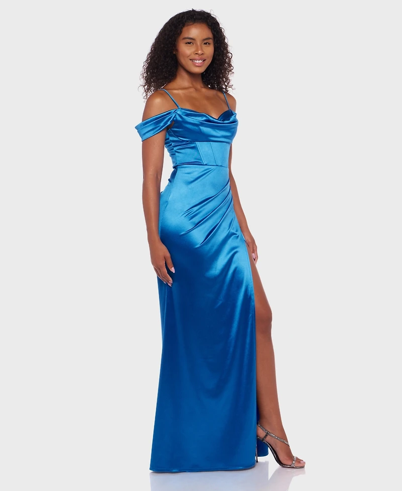 B Darlin Juniors' Cowl-Neck High-Slit Corset Gown, Created for Macy's