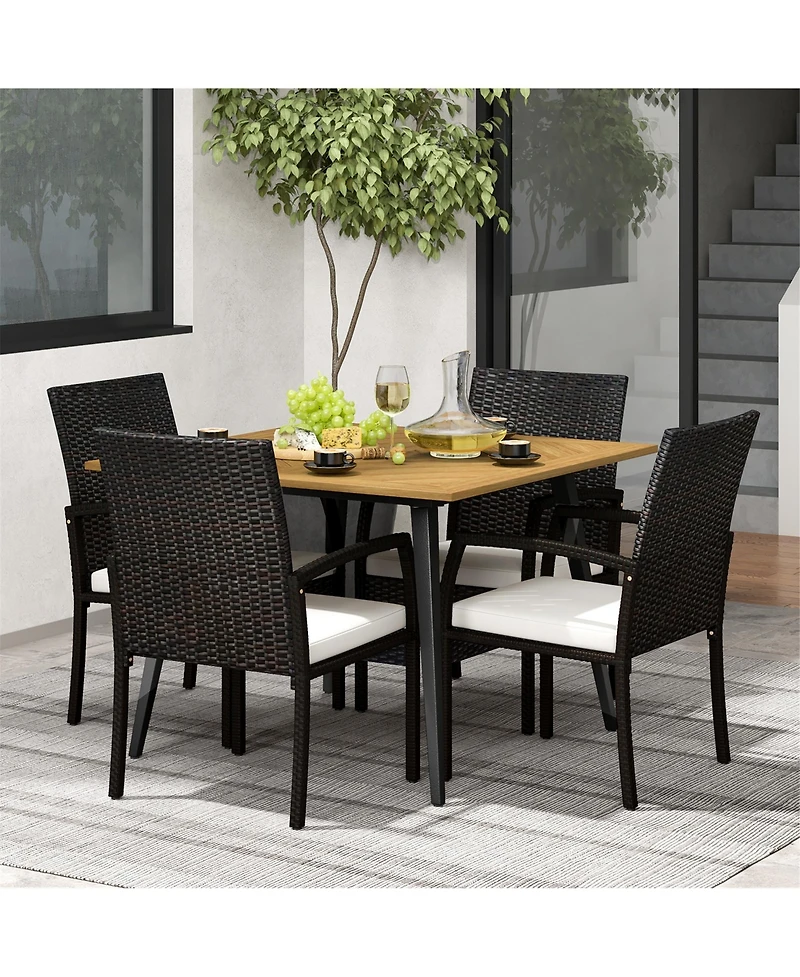 Gymax 5PCS Patio Pe Wicker Dining Set 42.5'' Table w/ 1.9'' Umbrella Hole Chairs