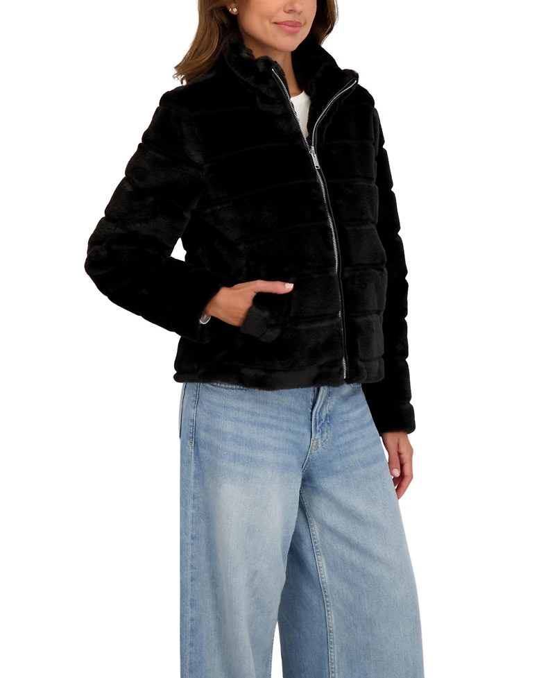 Sebby Collection Women's Grooved Short Faux Fur Jacket