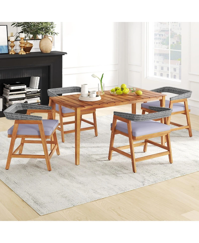 Gymax 5PCS Patio Dining Set Solid Wood Furniture w/ Rattan Backrest & Seat Cushions