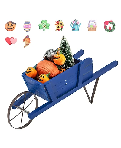 Gymax Wooden Wagon Planter Decorative Indoor/Outdoor Rustic Flower Cart w/Wheel