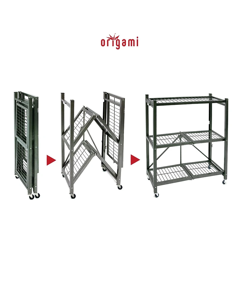 Origami R3 Foldable 3-Tiered Shelf Storage Rack & Wheels, Pewter (2 Pack)