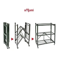 Origami R3 Foldable 3-Tiered Shelf Storage Rack & Wheels, Pewter (2 Pack)