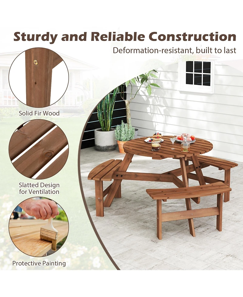 Gymax 6-Person Round Picnic Table Set w/ 3 Built-in Benches 2'' Umbrella Hole