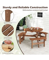 Gymax 6-Person Round Picnic Table Set w/ 3 Built-in Benches 2'' Umbrella Hole