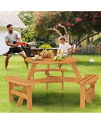 Gymax 6-Person Round Picnic Table Set w/ 3 Built-in Benches 2'' Umbrella Hole