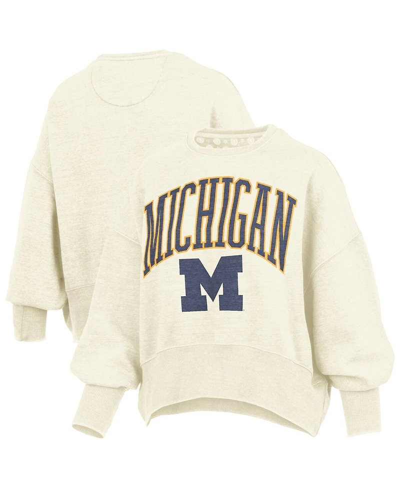 Pressbox Women's Natural Michigan Wolverines Oversized Waist-Length Crewneck Sweatshirt
