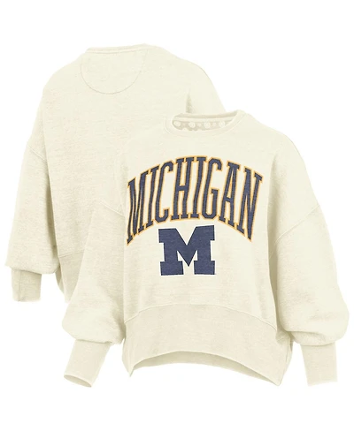 Pressbox Women's Natural Michigan Wolverines Oversized Waist-Length Crewneck Sweatshirt