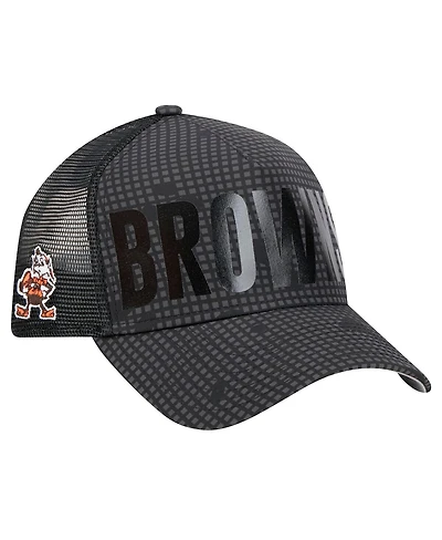 New Era Men's Black Cleveland Browns Throwback Midnight Ink Tonal Text A-Frame Trucker 9FORTY Adjustable Hat