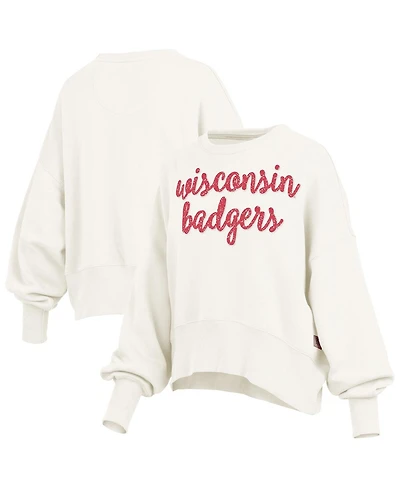 Pressbox Women's Cream Wisconsin Badgers Oversized Chelsea Waist Length Pullover Sweatshirt